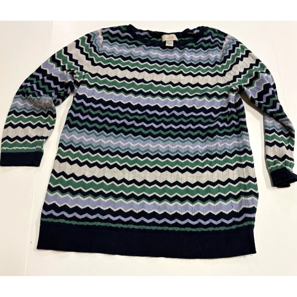 LOFT Outlet Womens L Blue Green Chevron Knit Crew Neck Pullover Sweater